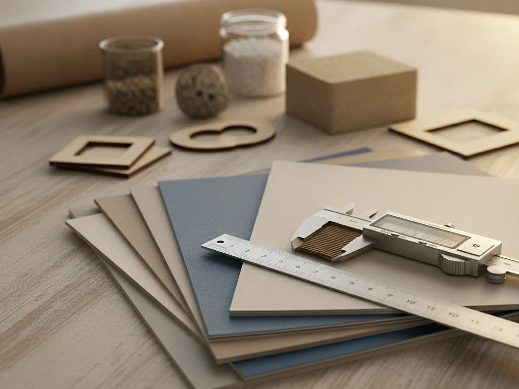 Custom board samples in blue and gray with die-cut inserts and a caliper on a workbench