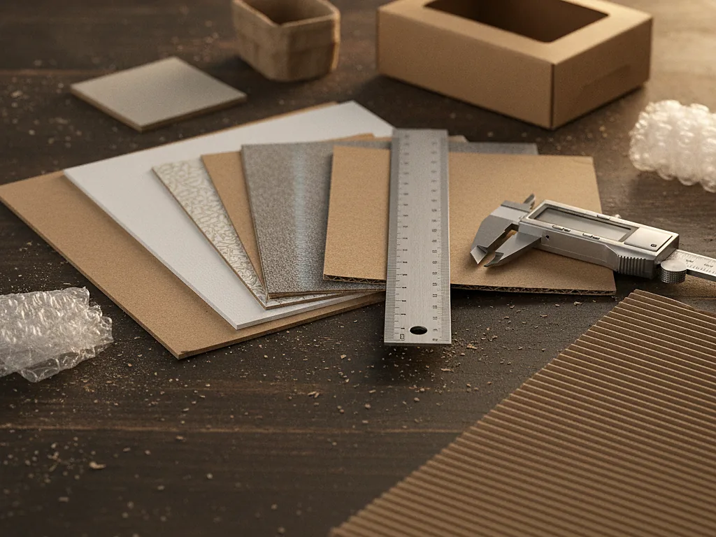 Custom board grades from kraft to corrugated fanned out with a steel ruler and caliper