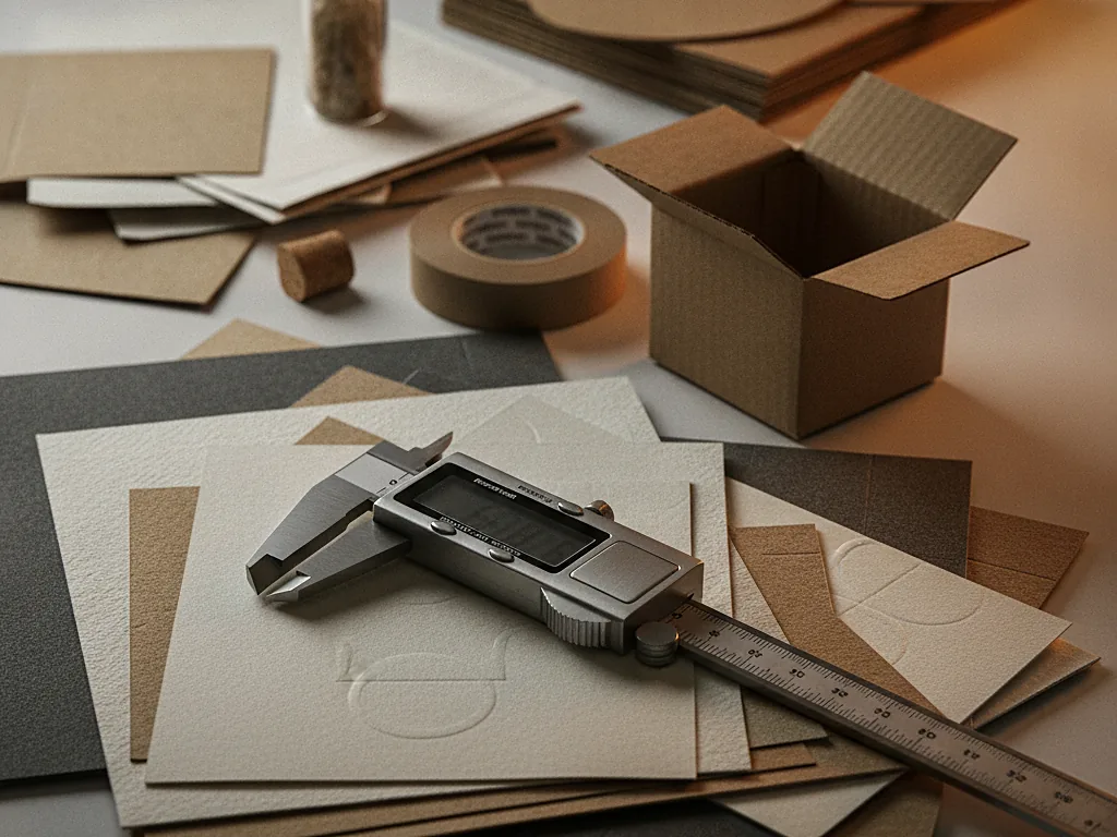 Custom kraft box with tape, board swatches and a caliper staged on a workbench