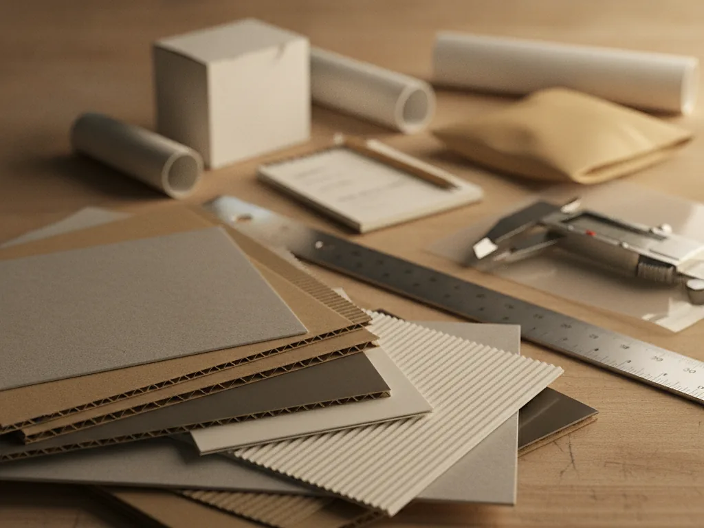 Custom board and corrugated samples with a caliper, ready for a packaging quote
