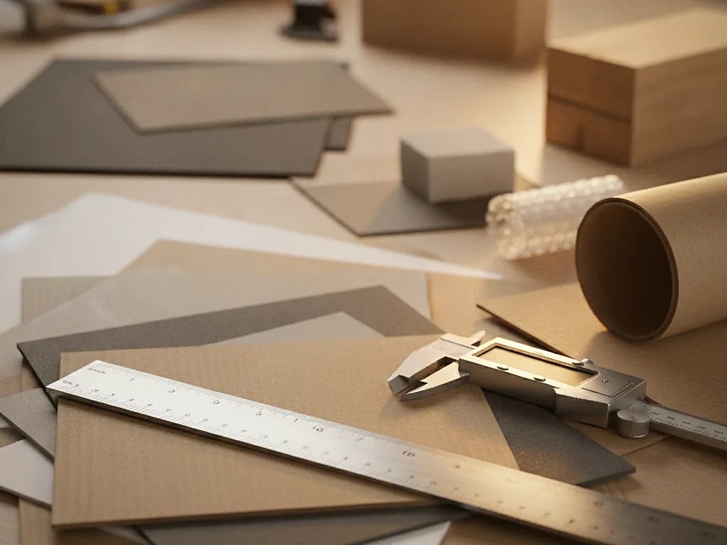 Custom box samples, a paper tube, a steel ruler and a digital caliper for measuring