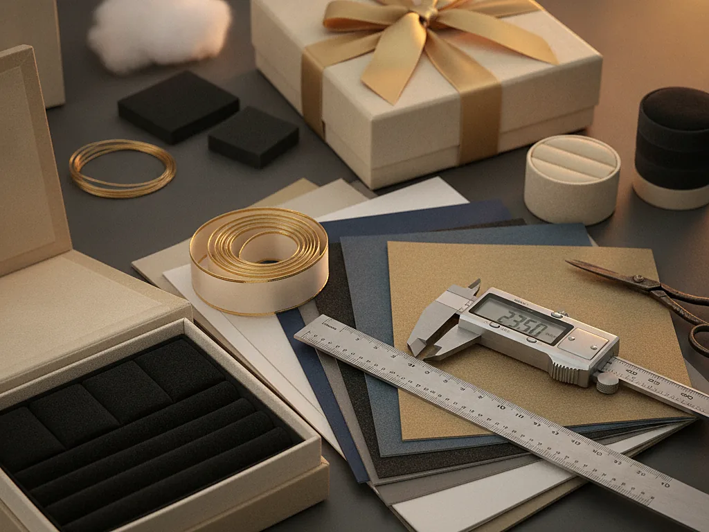 Custom jewelry boxes with a ribbon, a foam ring insert and gold ribbon spools