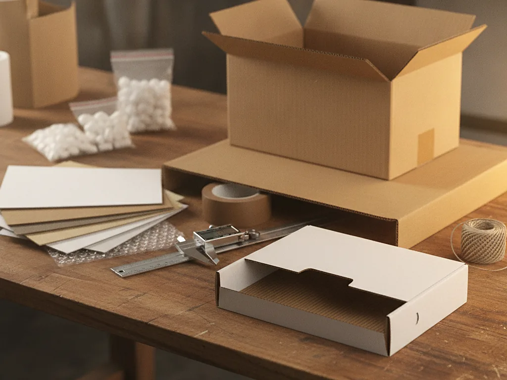 Custom corrugated shipping box beside a white mailer box on a workbench