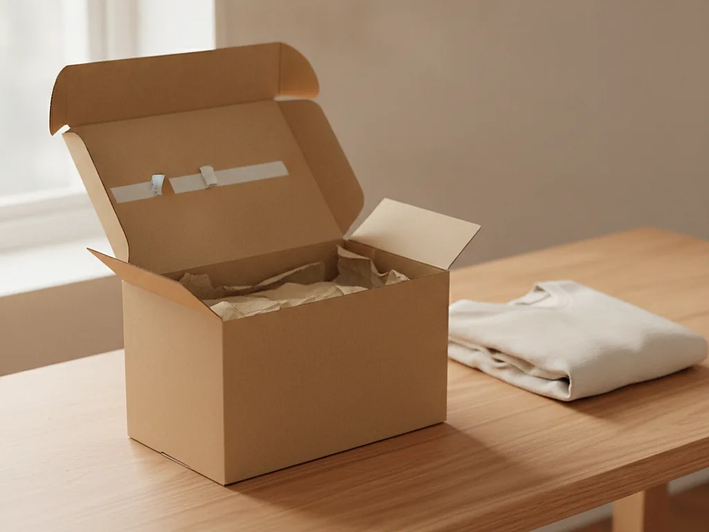 Custom kraft mailer box, open, with a folded garment and tissue inside