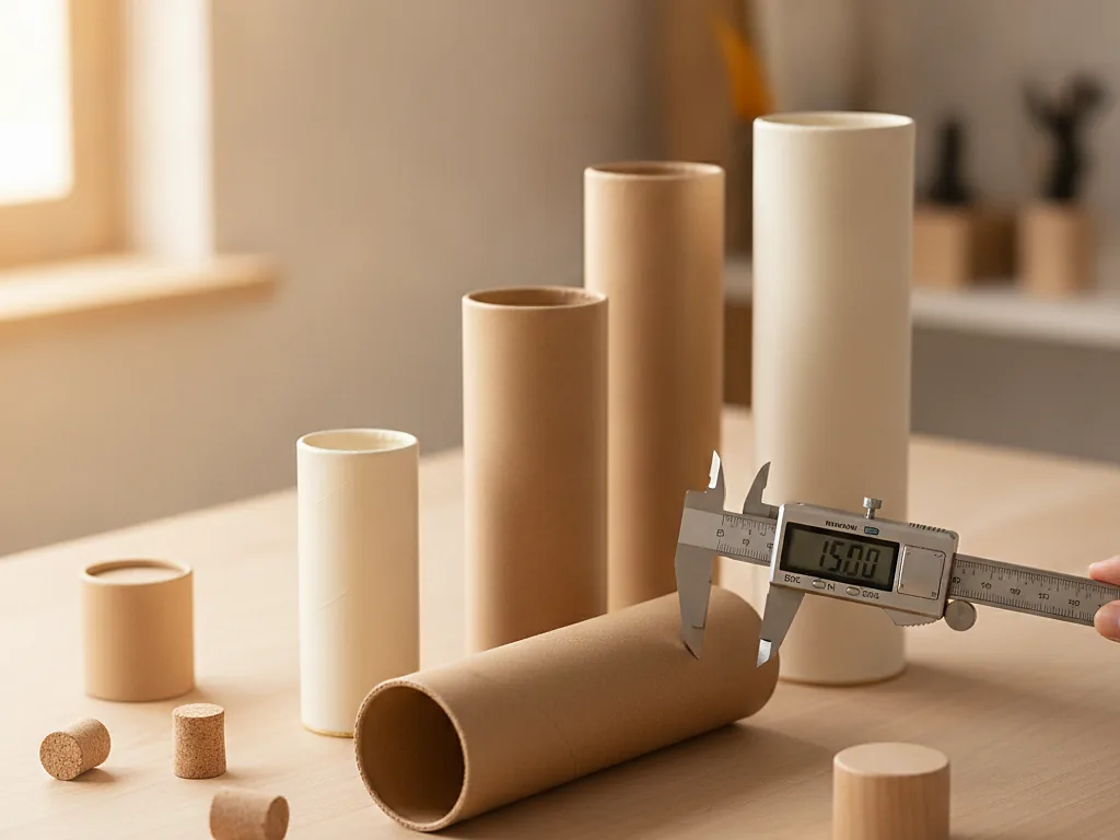 Custom paper tubes in kraft and white with a digital caliper measuring the diameter