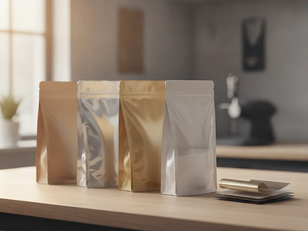 Custom stand-up pouches in kraft, foil and white film standing on a table
