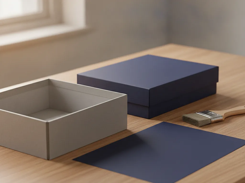 Custom rigid boxes, one gray open and one navy wrapped, with wrap paper and a brush