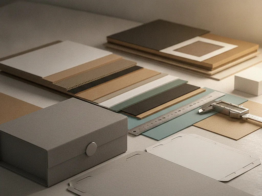 Custom gray rigid box beside flat folding carton blanks and board swatches
