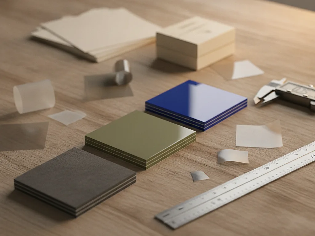 Custom laminated board samples in matte, soft-touch and gloss finishes side by side