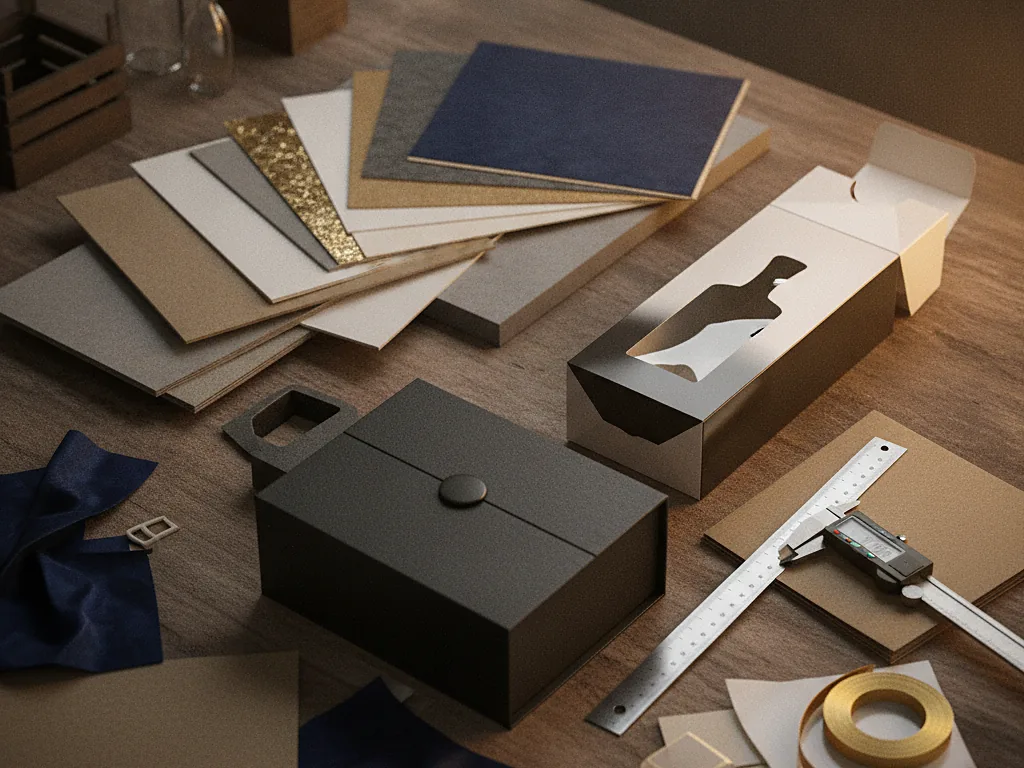 Custom black rigid spirits box and a die-cut bottle carton with board samples