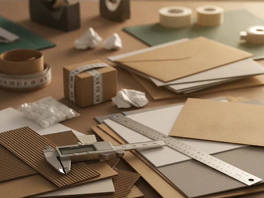 Custom kraft mailer, corrugated samples and a caliper for sizing to carrier rates