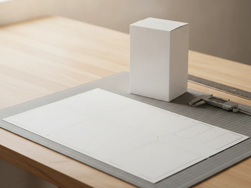 Custom white carton standing on a printed flat dieline sheet with a caliper