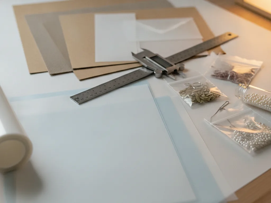 Custom glassine sheets and translucent bags with a steel ruler on a workbench