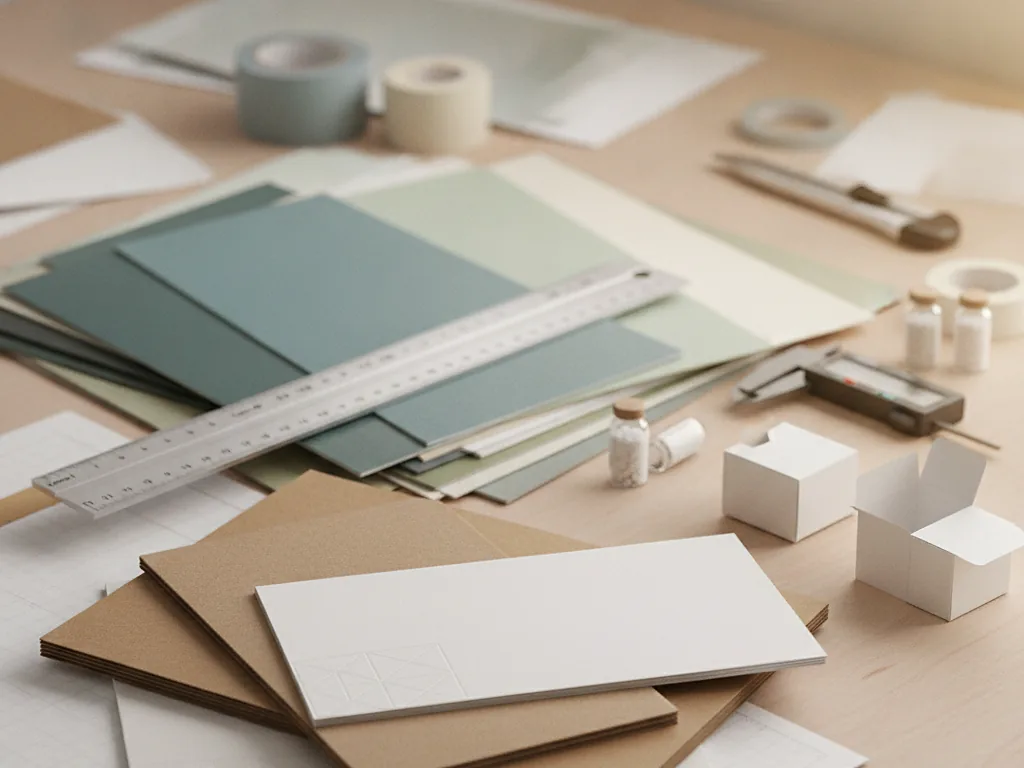 Custom printed box samples, board swatches and a steel ruler on a workbench