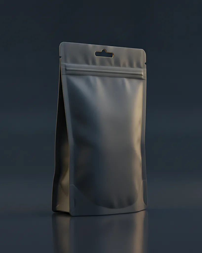 Custom gummy pouch, matte barrier laminate, resealable zipper, on a dark navy studio backdrop