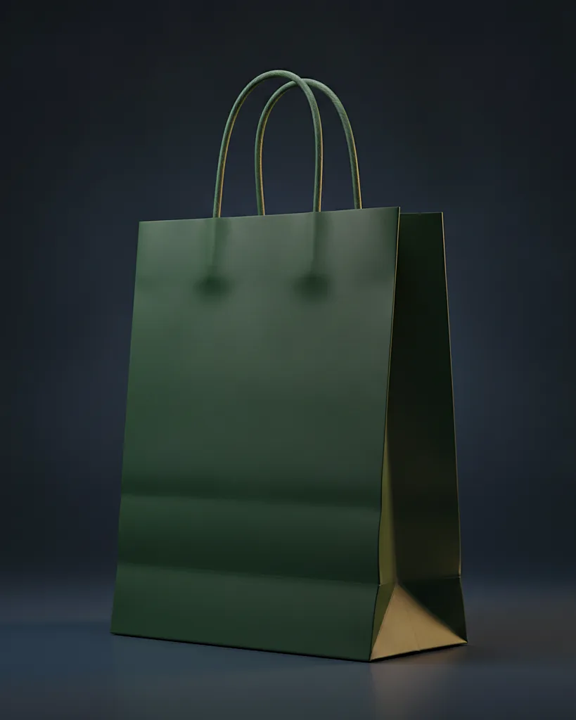 Custom gusset paper bag, kraft wrap, flat bottom with side gussets, on a dark navy studio backdrop