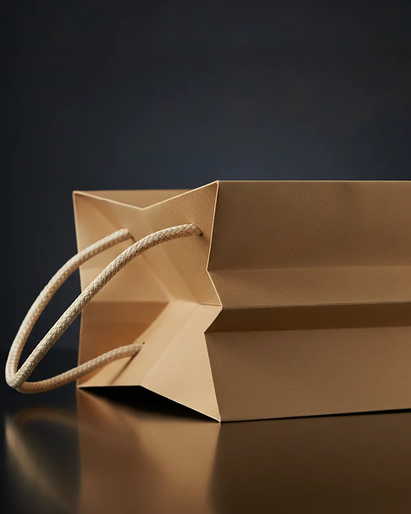 Custom gusset paper bag, close-up of the edge, surface texture and finish
