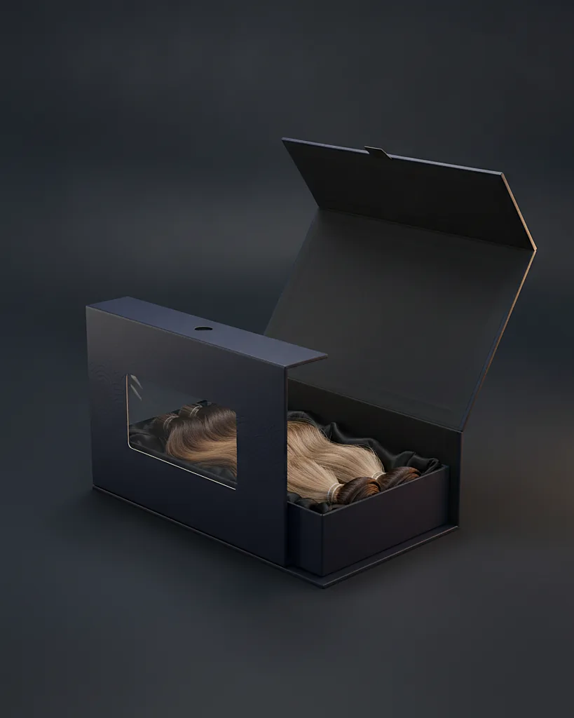 Custom hair extension box, close-up of the edge, surface texture and finish
