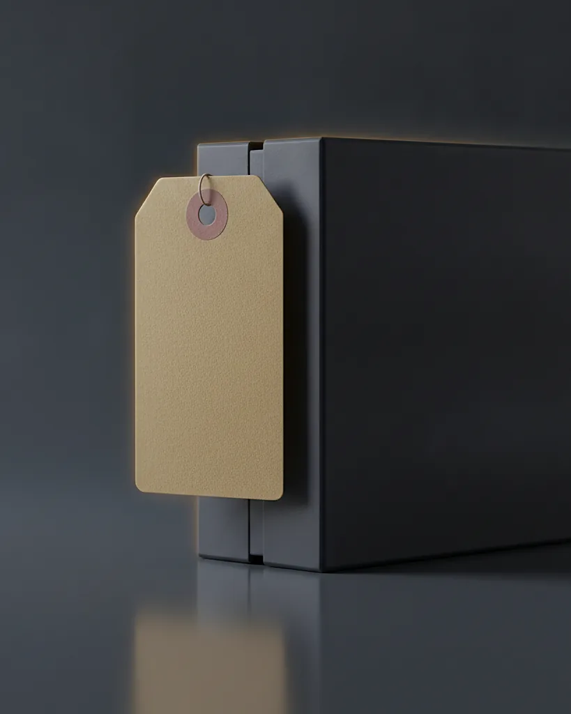 Custom hang tag, 350 gsm, foil option, on a dark navy studio backdrop