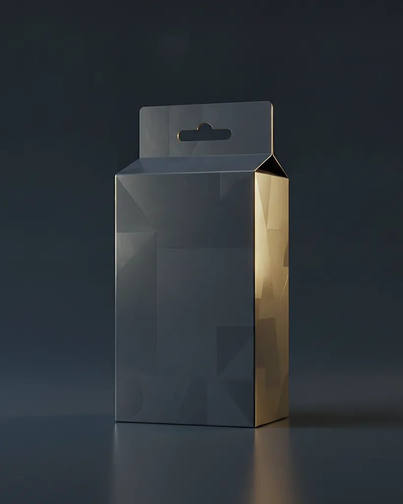 Custom hanging tab carton, 18pt SBS, on a dark navy studio backdrop