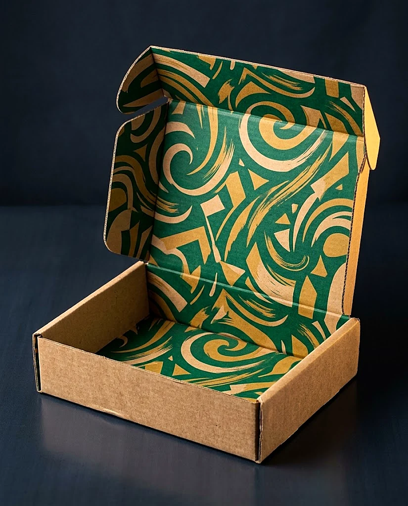 Custom inside printed mailer box, open, kraft exterior with an emerald and gold patterned liner