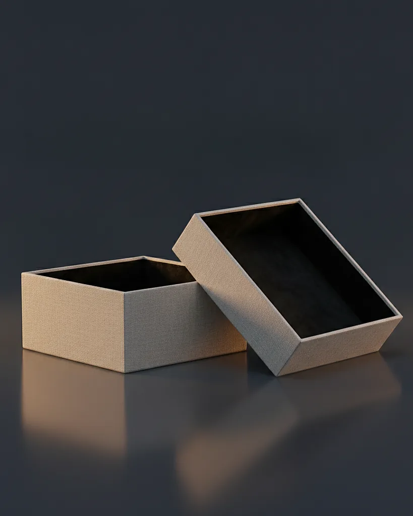 Custom jewelry box, 1000 gsm, velvet insert, on a dark navy studio backdrop