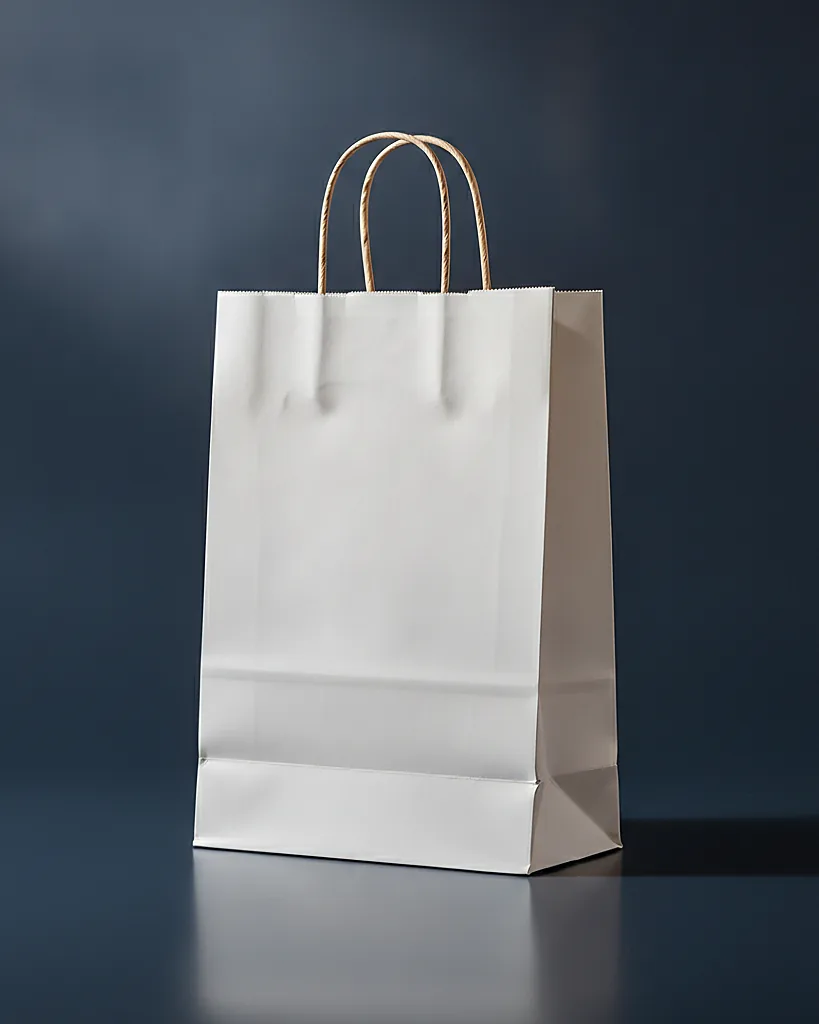 Custom kraft paper shopping bag, twisted handle kraft, on a dark navy studio backdrop