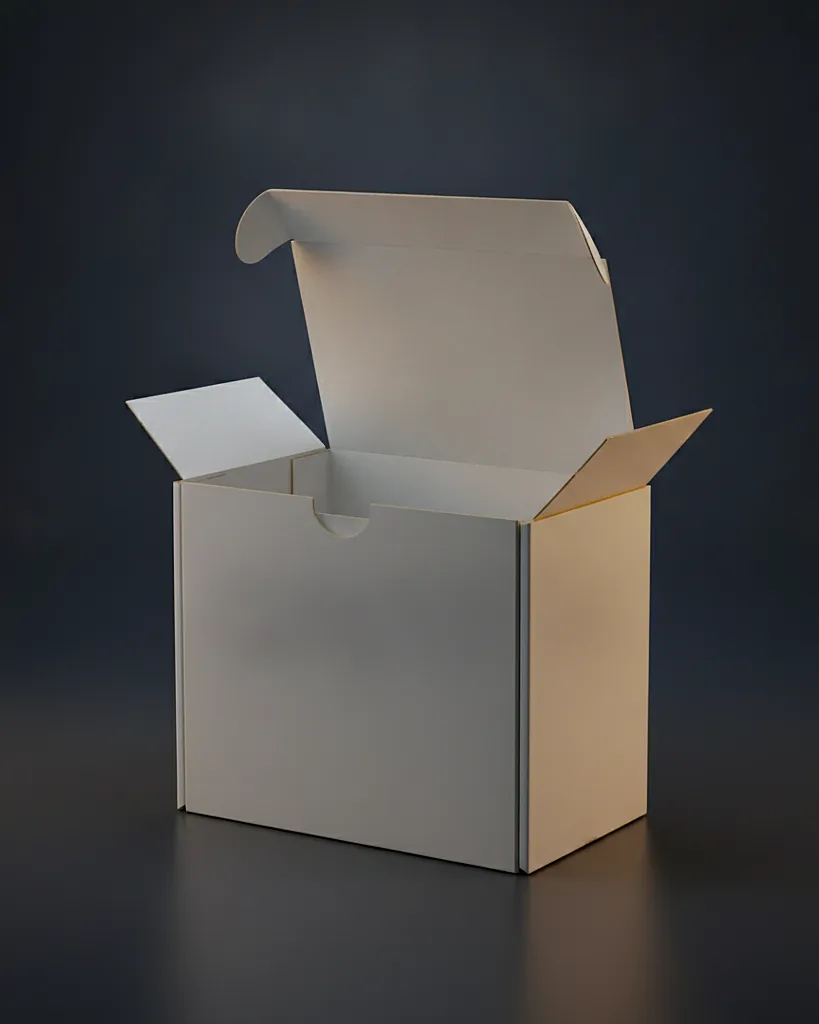 Custom literature mailer box, E-flute, slim, one color, on a dark navy studio backdrop