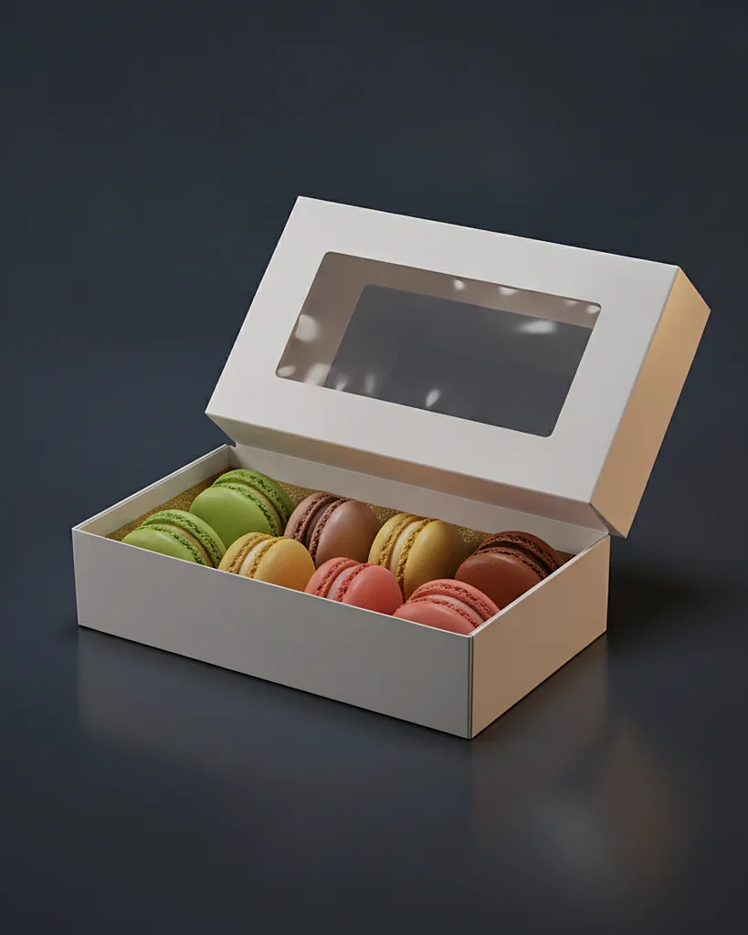 Custom macaron box, close-up of the edge, surface texture and finish