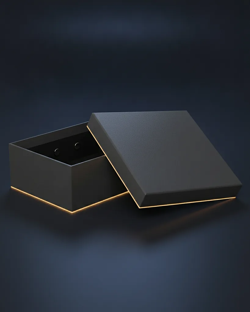 Custom magnetic closure box, 1200 gsm board, matte wrap, on a dark navy studio backdrop