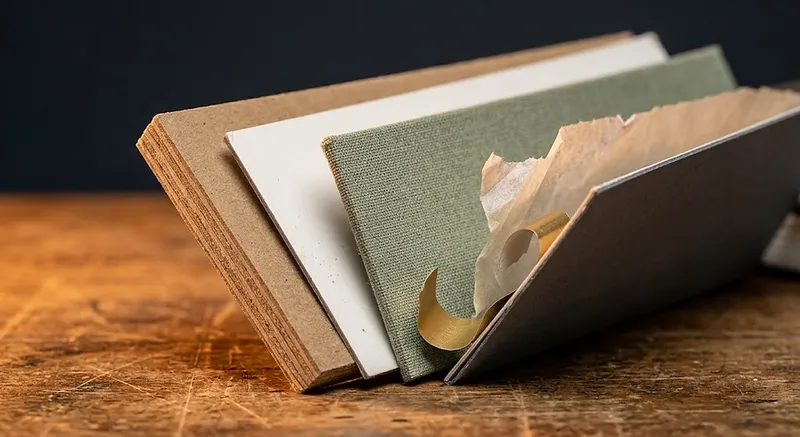 Swatches of kraft board, white board, linen and foil for custom packaging