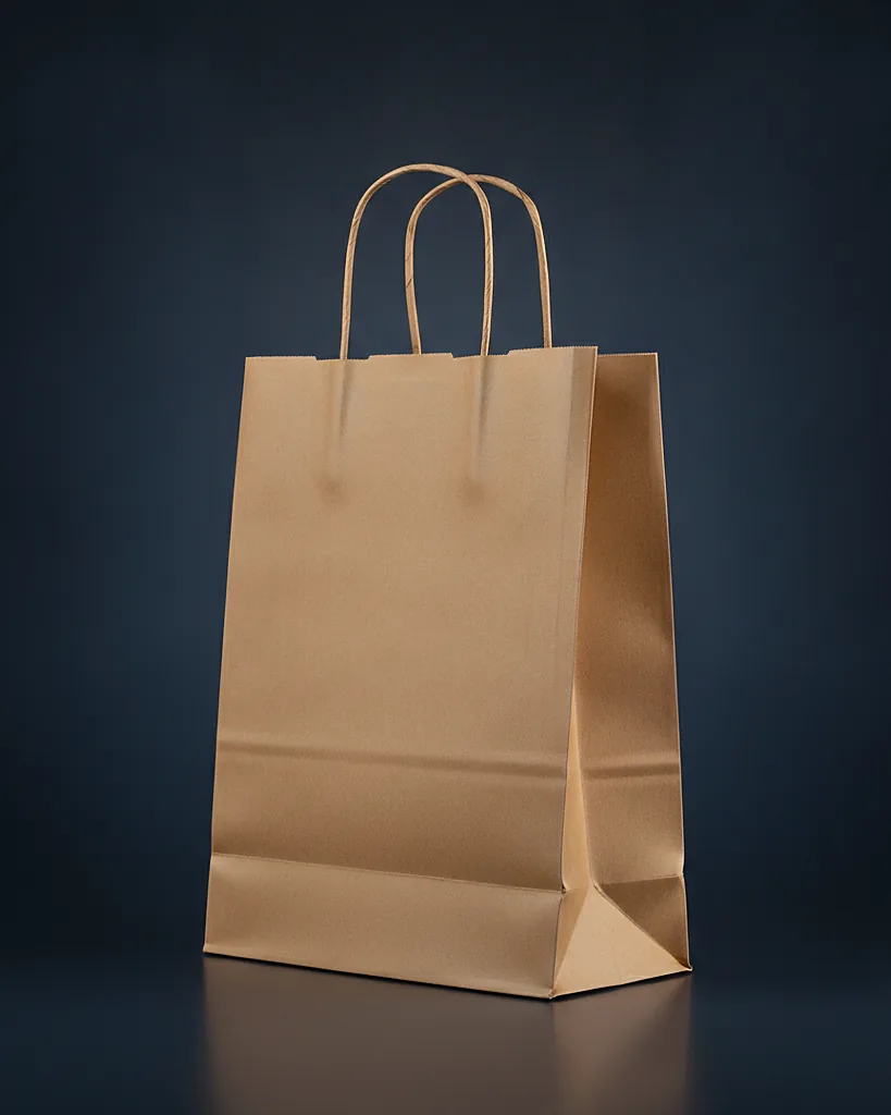 Custom merch bag, kraft, flat handle, on a dark navy studio backdrop
