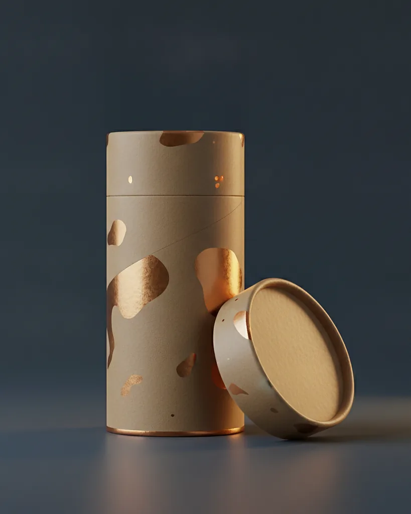Custom paper tube with lid, spiral wound paperboard, on a dark navy studio backdrop