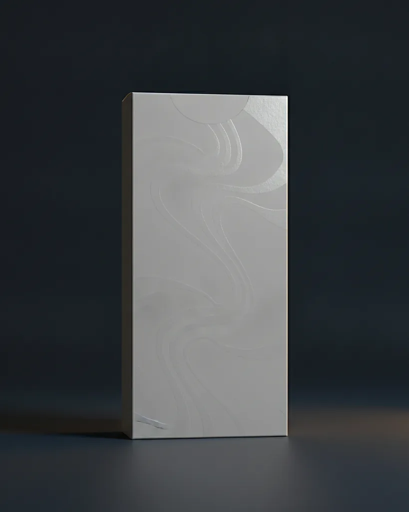 Custom pharmacy style carton, 18pt SBS, braille ready, on a dark navy studio backdrop