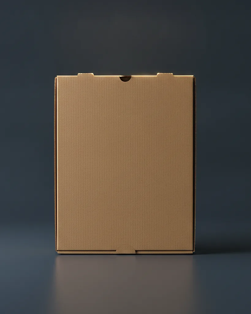 Custom pizza box, B-flute kraft, on a dark navy studio backdrop