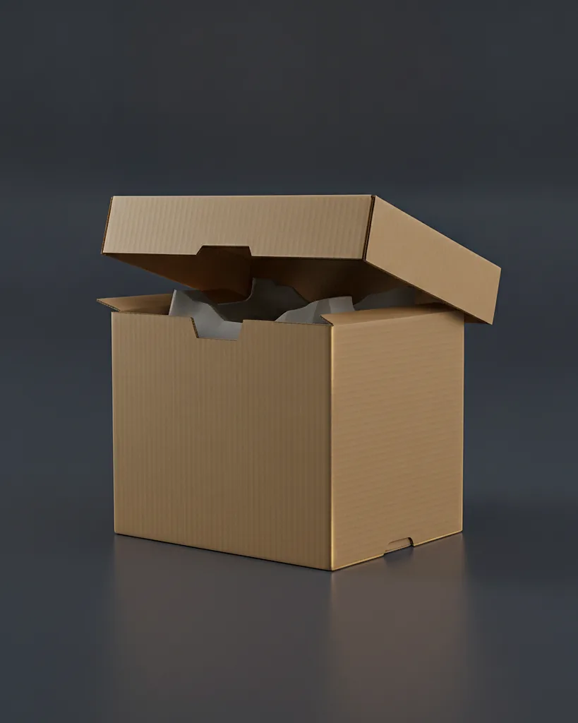 Custom plant shipping box, corrugated E-flute, ventilation slots and pot collar, on a dark navy studio backdrop