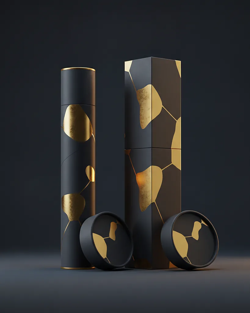 Custom pre roll and vape tube, paperboard, CR option, on a dark navy studio backdrop