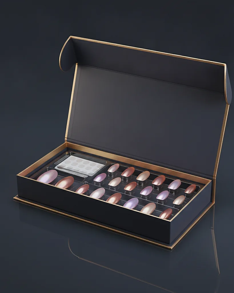 Custom press-on nail box, close-up of the edge, surface texture and finish