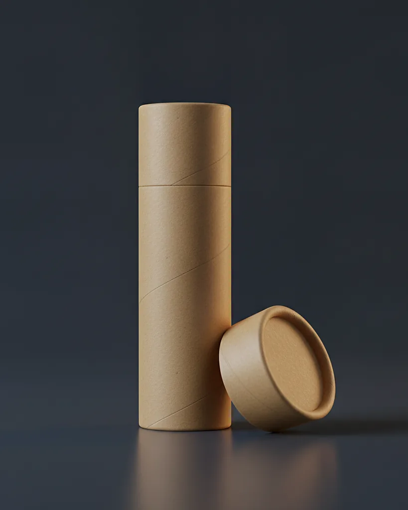 Custom push up paper tube, paperboard, plastic free, on a dark navy studio backdrop