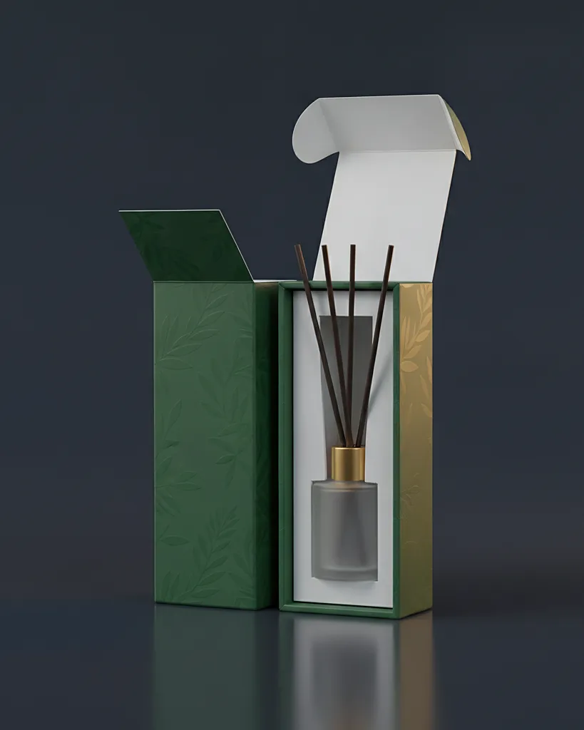 Custom reed diffuser box, close-up of the edge, surface texture and finish