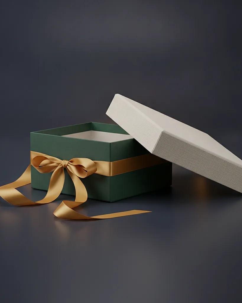Custom ribbon closure box, 1200 gsm, satin ribbon, on a dark navy studio backdrop