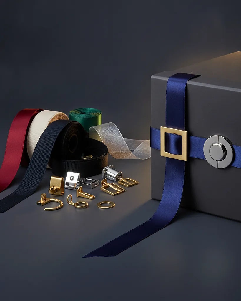Custom ribbon and closure hardware, satin, grosgrain, magnets, on a dark navy studio backdrop