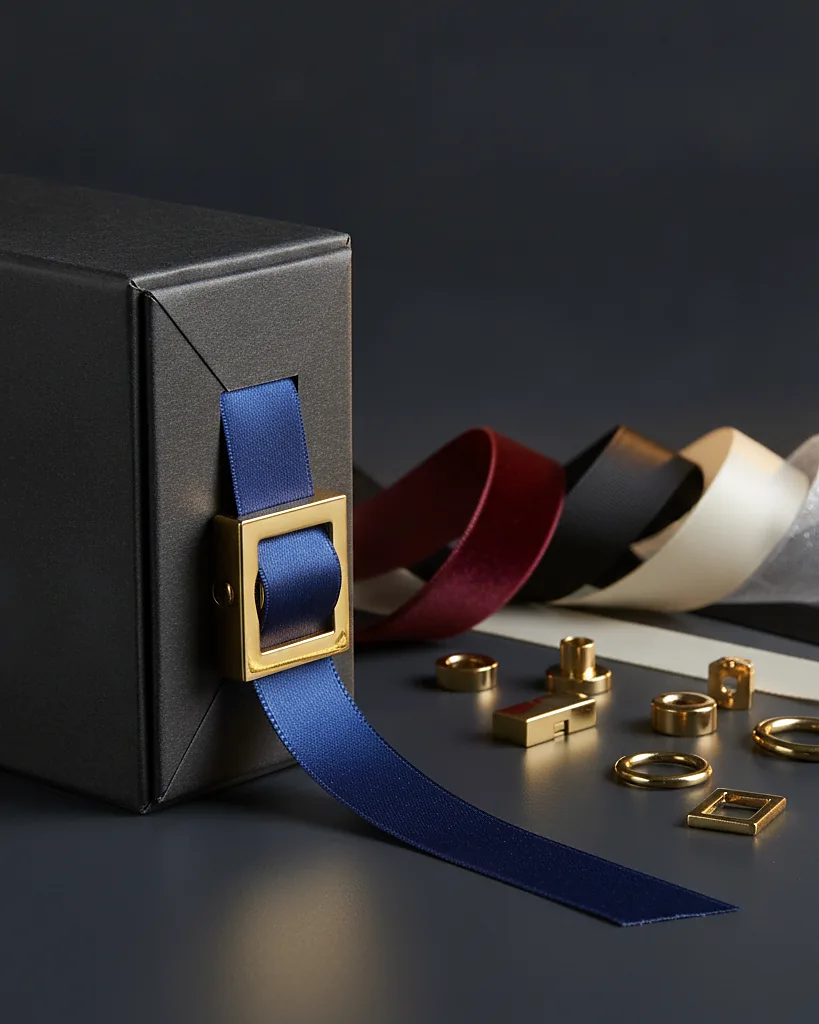 Custom ribbon and closure hardware, close-up of the edge, surface texture and finish