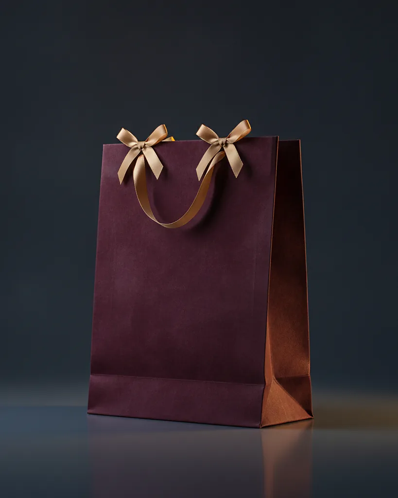 Custom ribbon handle gift bag, art paper, matte, on a dark navy studio backdrop