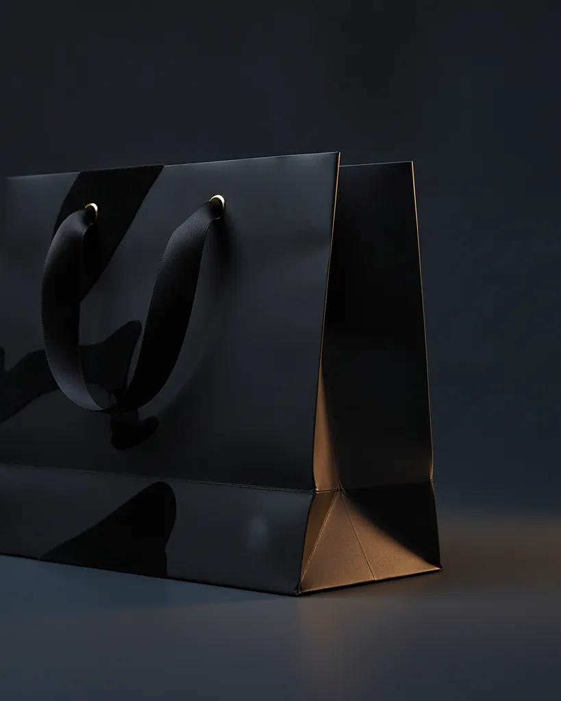 Custom ribbon handle gift bag, close-up of the edge, surface texture and finish