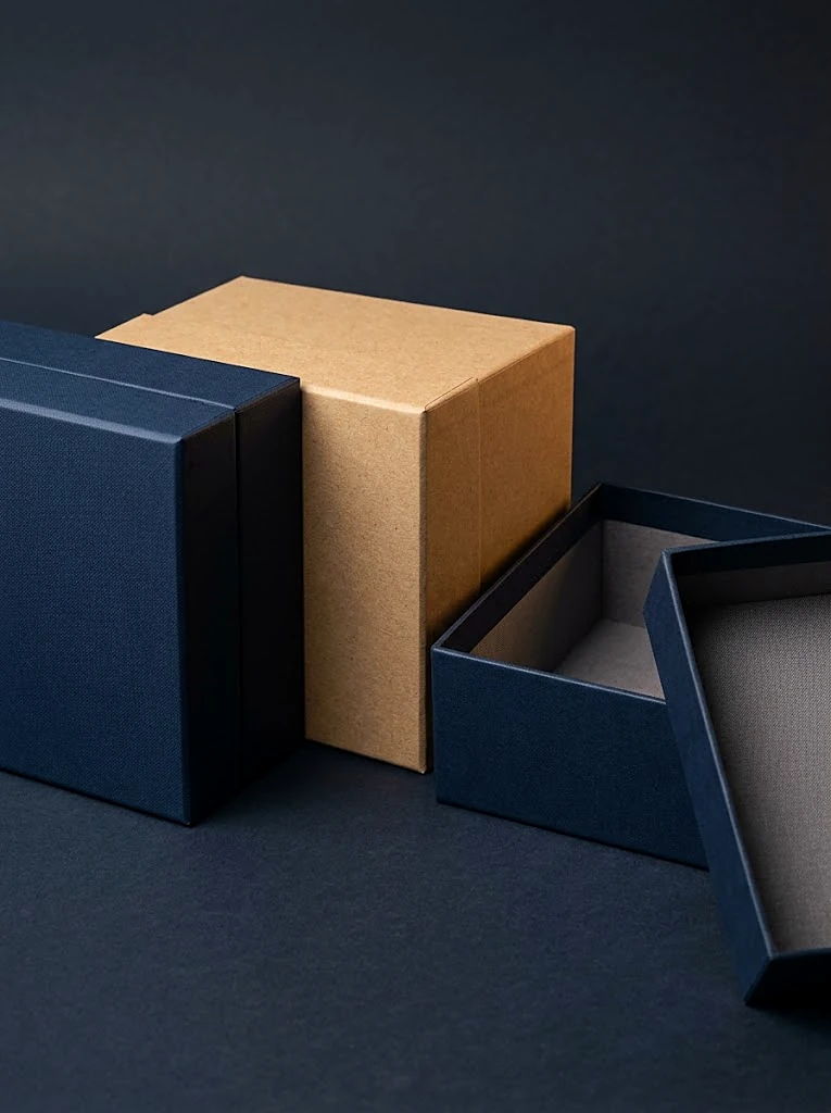 Custom rigid boxes with lids in navy and kraft wrap