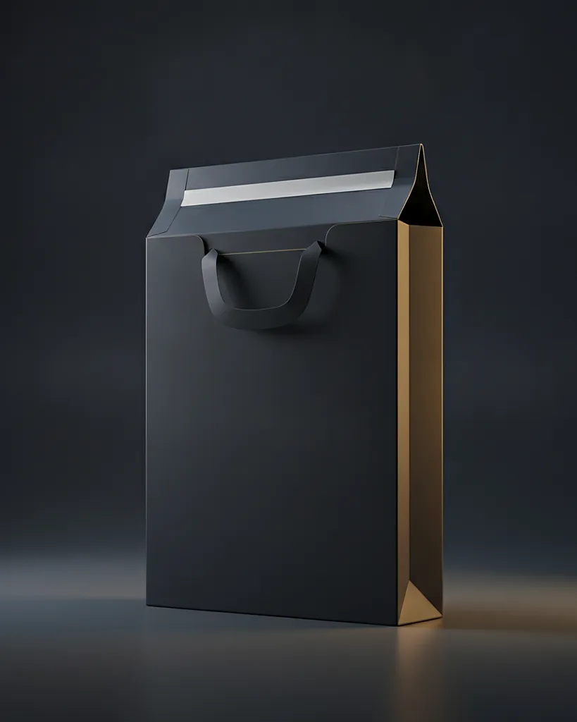 Custom rigid mailer envelope, rigid chipboard back, peel-and-seal, on a dark navy studio backdrop