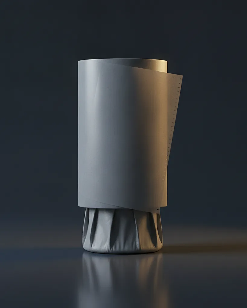 Custom rollstock film, multi-layer barrier laminate, roll format, on a dark navy studio backdrop