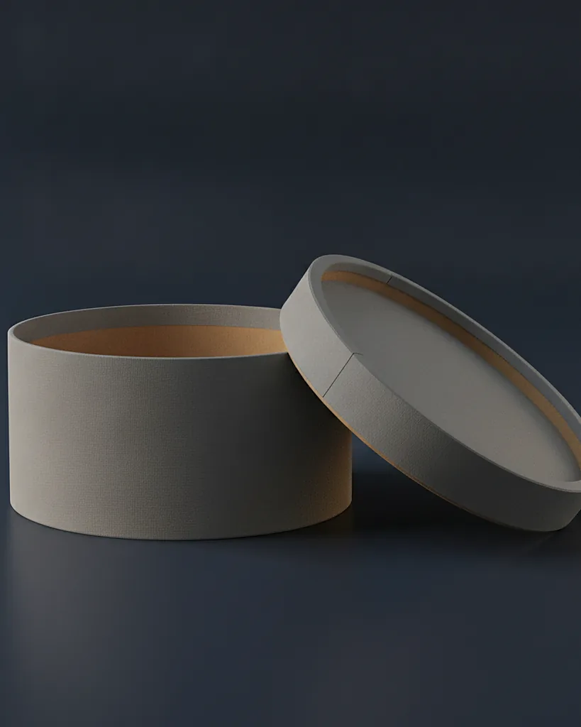 Custom round rigid box, 1000 gsm board, on a dark navy studio backdrop