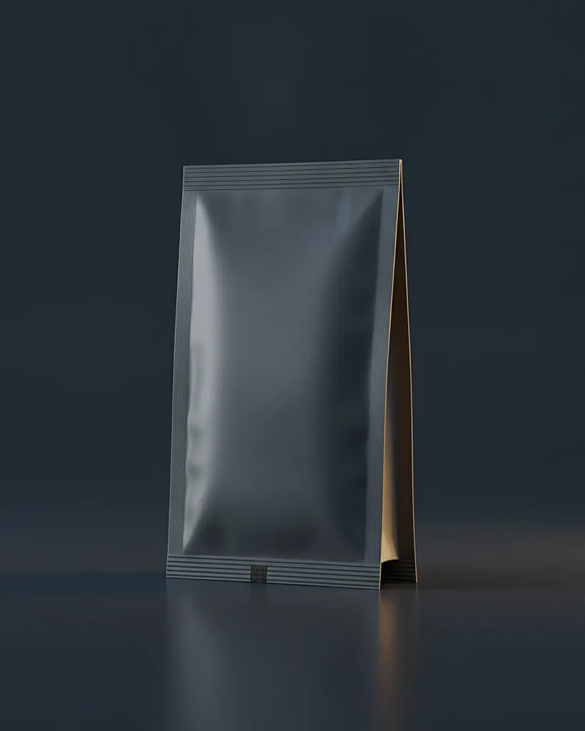 Custom sample sachet, three side seal, on a dark navy studio backdrop